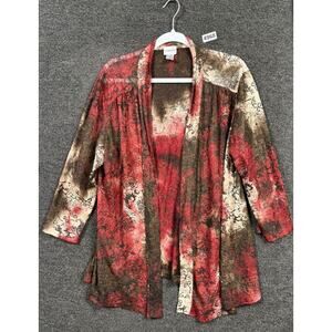 Chico’s Open Front Cardigan Sweater Womens 3 US XL Red Thread Dark Floral Artsy